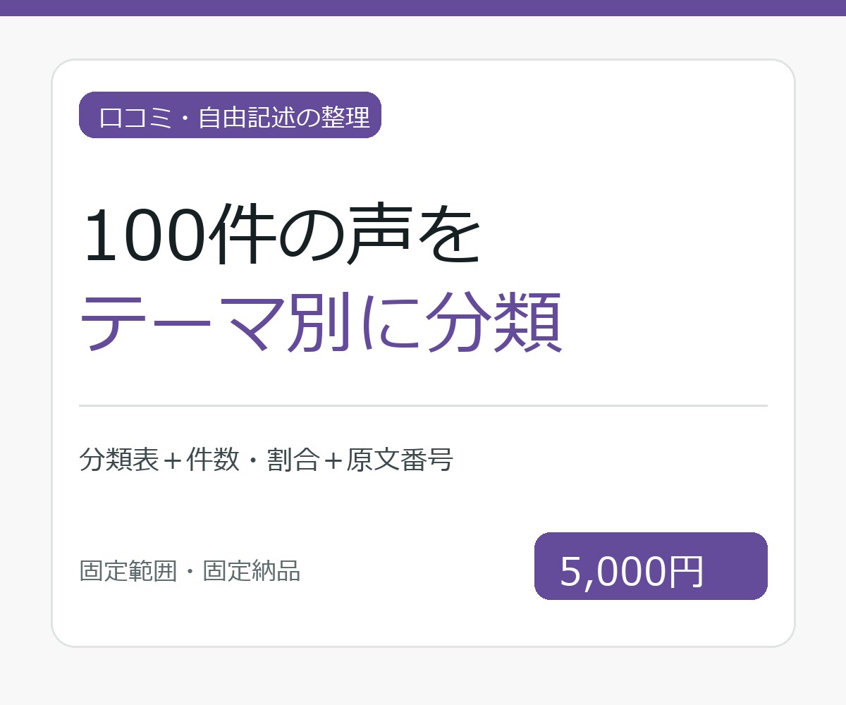 口コミ100件の傾向を分類します 自由記述を項目別に集計し原文番号付きで納品 イメージ1