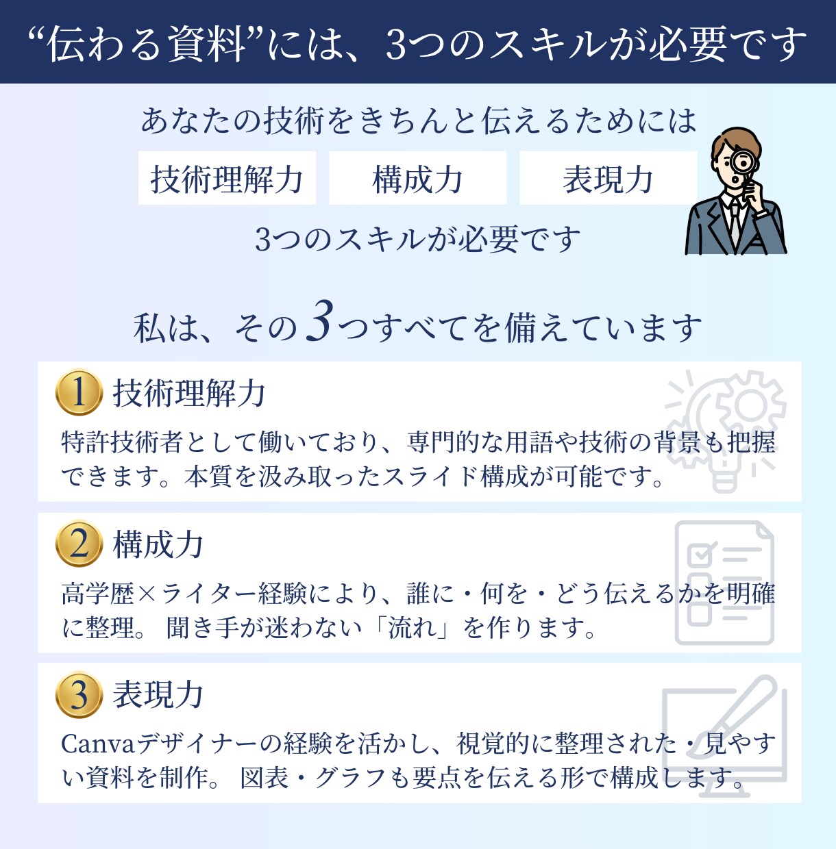 専門知識を伝えるビジネススライドを作成します 技術理解 × デザイン × 論理構成で伝わる資料を作成します イメージ3