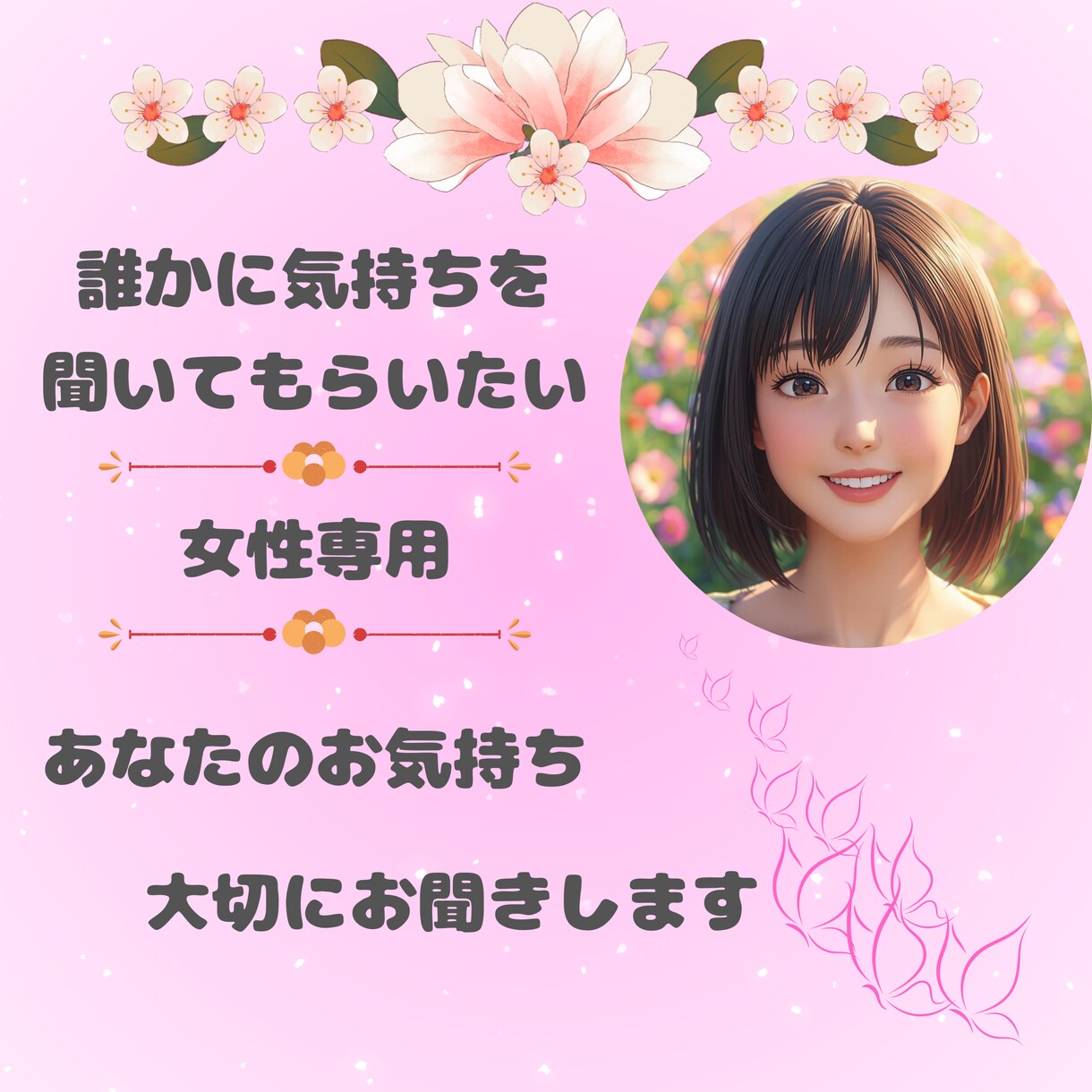 女性専用☆あなたのお気持ちじっくりお聞きします この気持ちを誰かに聞いてほしい☆あなたの気持ち受け止めます イメージ1