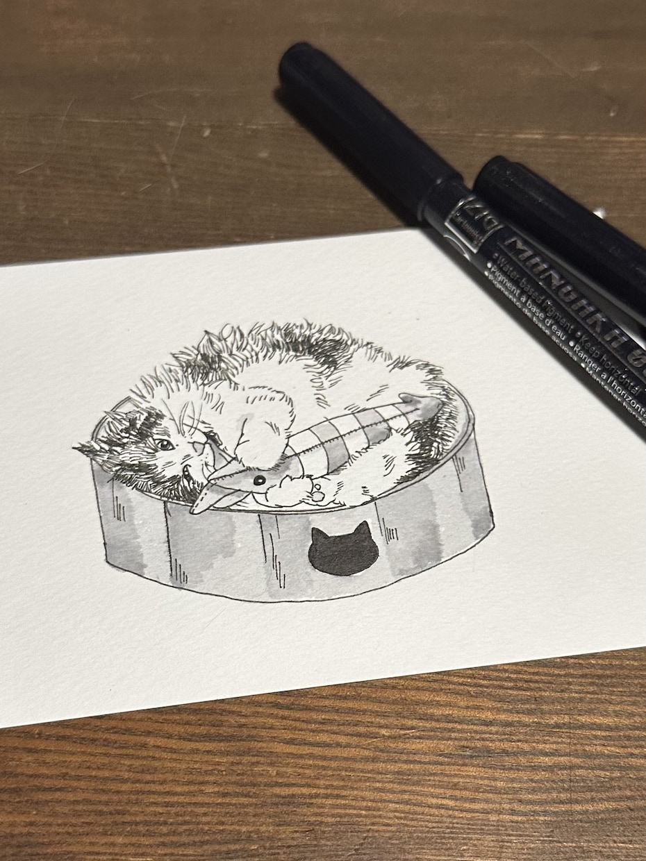 ペットの猫を白黒ペン画でポストカードに描きます アナログのペン画で味のある一枚を〜郵送のみ対応〜 イメージ1