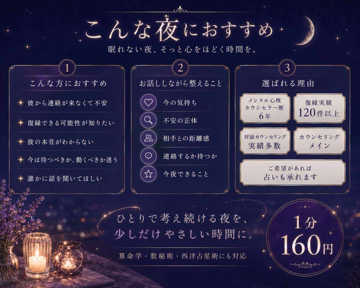 眠れない夜に恋愛のお話親身に聞きます 復縁したい、彼を忘れられない夜にお話し相手になります イメージ3