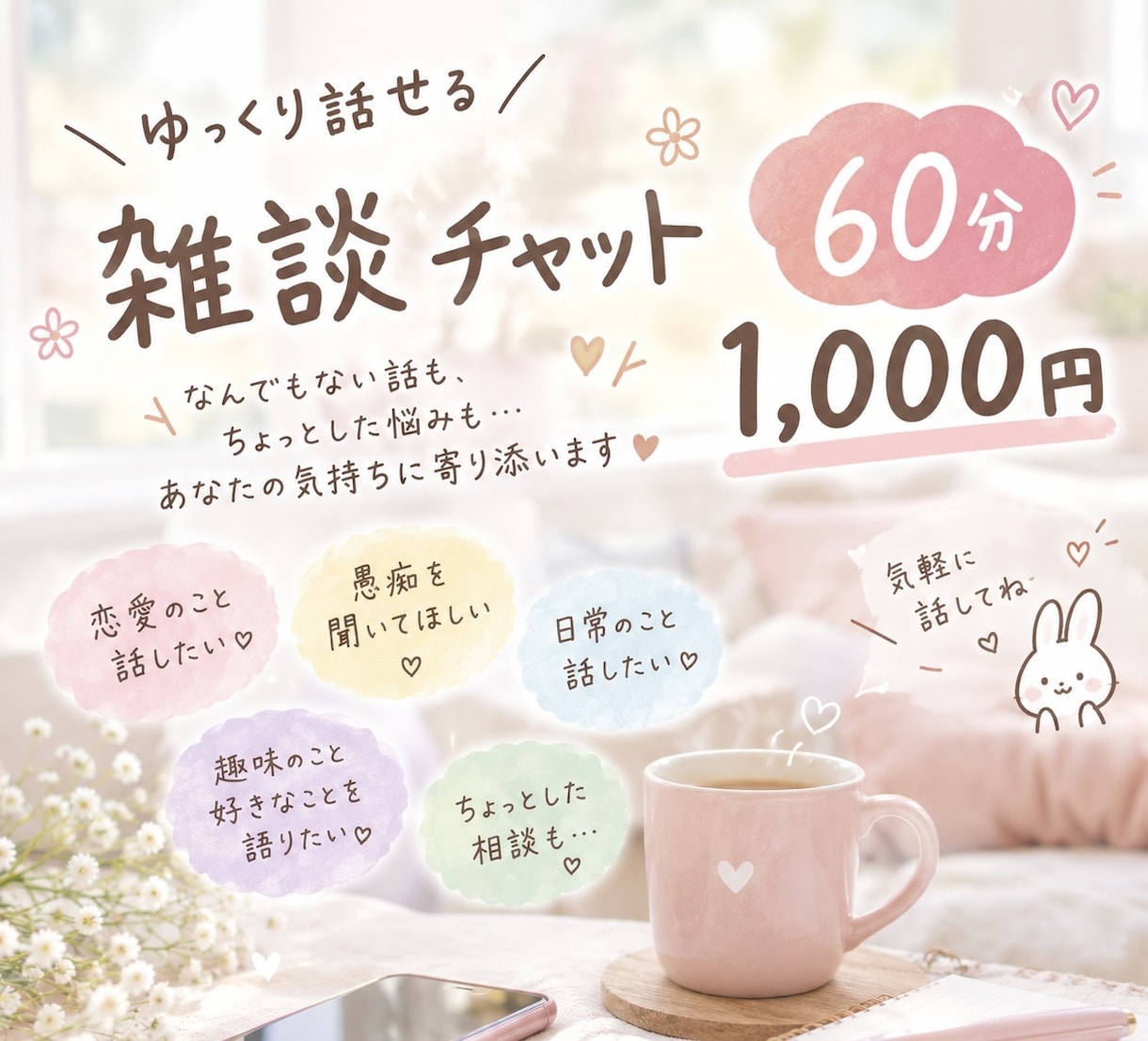 60分間あなただけに集中！お話ゆったりお聞きします 恋愛も愚痴も日常の話も♡気軽に楽しくお話ししましょう♡ イメージ1