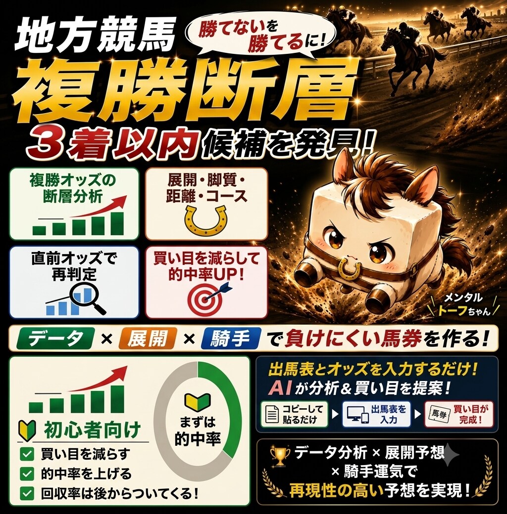 人気順だけでは見つからない。3着以内候補を探します 予想を買うから卒業 複勝断層×AIで自分で買い目を作る イメージ1