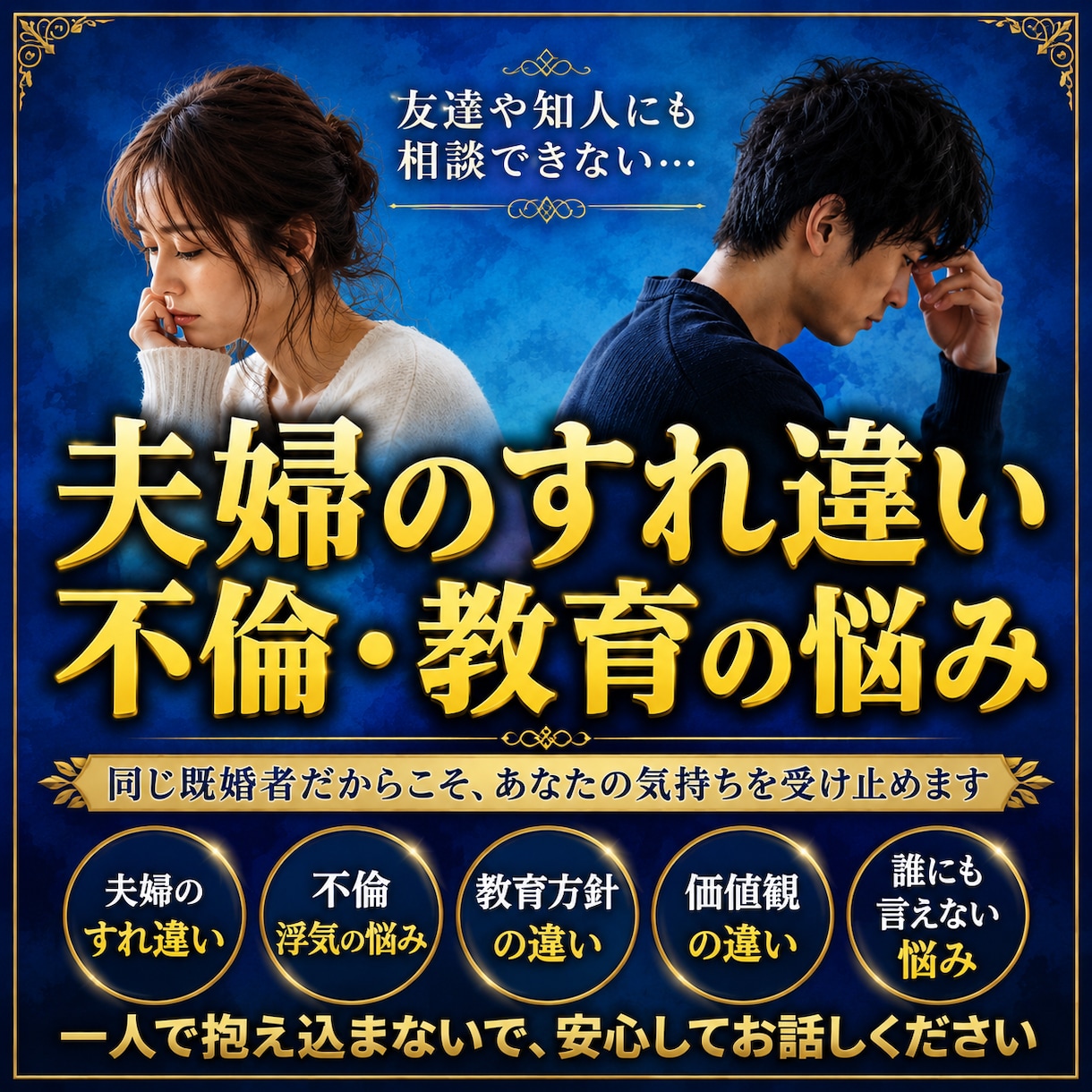 夫婦のすれ違い・不倫の悩みをお聞きします 同じ既婚者だからこそあなたの気持ちを理解する自信があります！ イメージ1