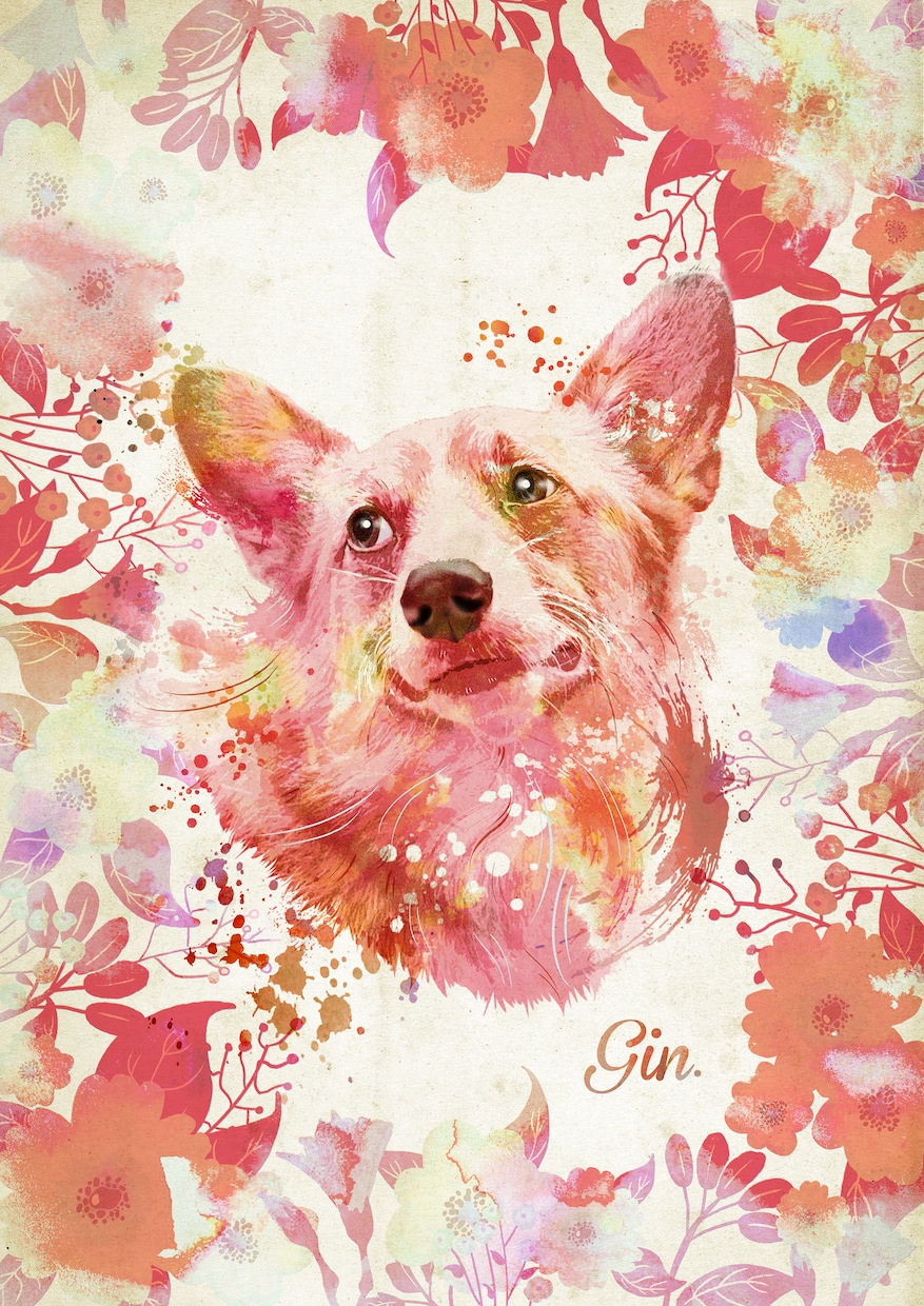 愛犬の似顔絵、アートポスター用データ作成します 選べる花のフレーム10種類！愛犬家さんのプレゼントにどうぞ イメージ1