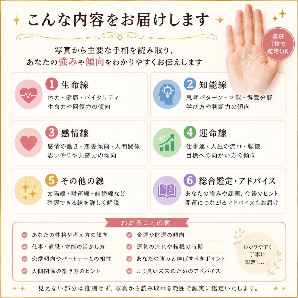 写真1枚であなたの手相をわかりやすく鑑定します 主要な手相を読み取り、強みや傾向をわかりやすくお伝えします。 イメージ2
