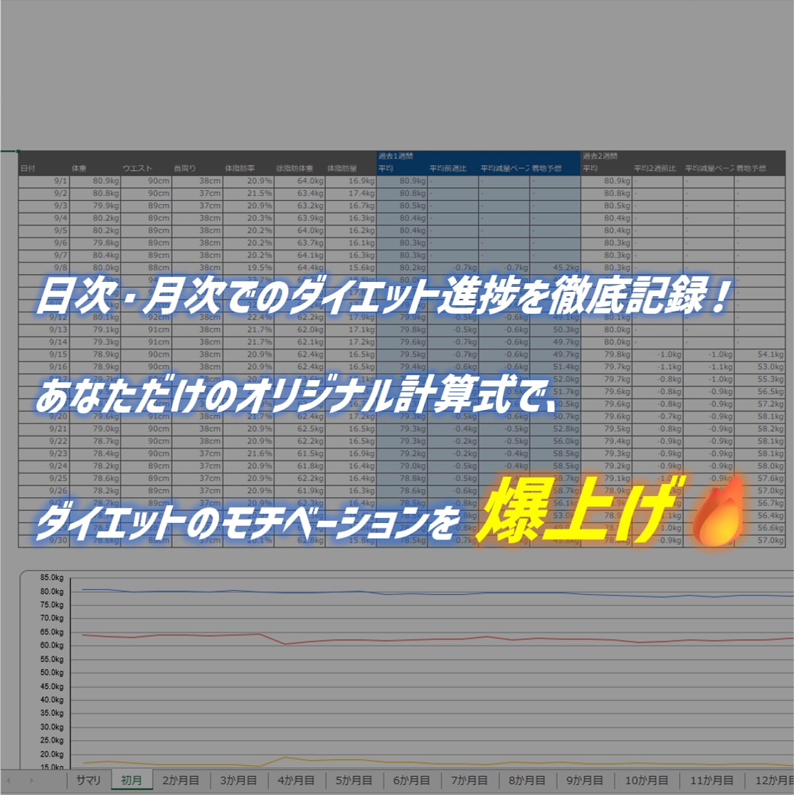 オリジナル体重管理マスターシートを作成します 見える化でモチベーションアップ！毎日の記録が成功への鍵！ イメージ3