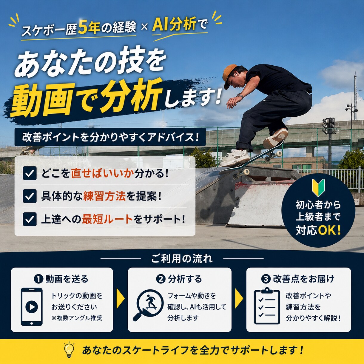 スケボーの「できない」を解決します あなたのトリックの改善点を具体的に解説します イメージ1