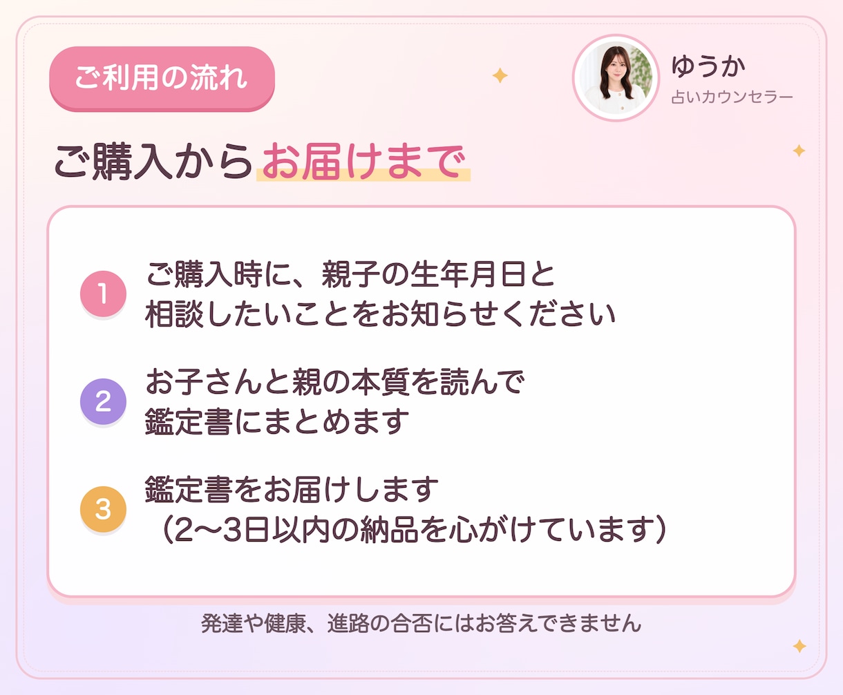 子育て占い｜子どもの個性と才能、伸ばし方を読みます 生年月日で親子の本質を並べ、伝わる声かけまで書きます イメージ10