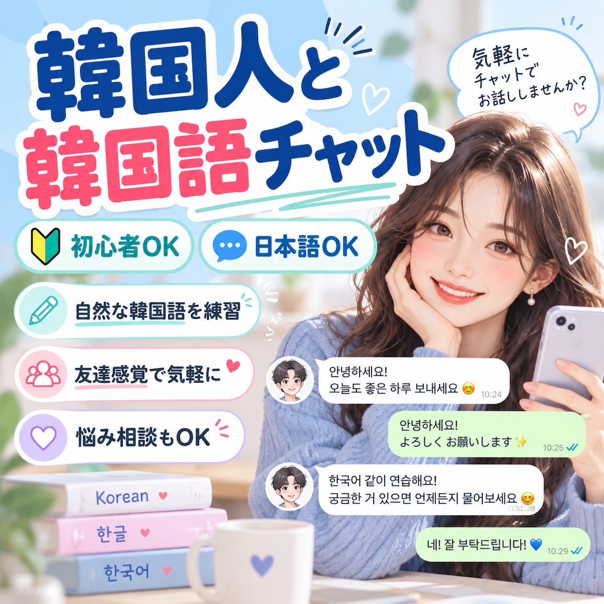 韓国人と気軽に韓国語でチャットします 韓国人の友達感覚で楽しく会話練習できます イメージ1