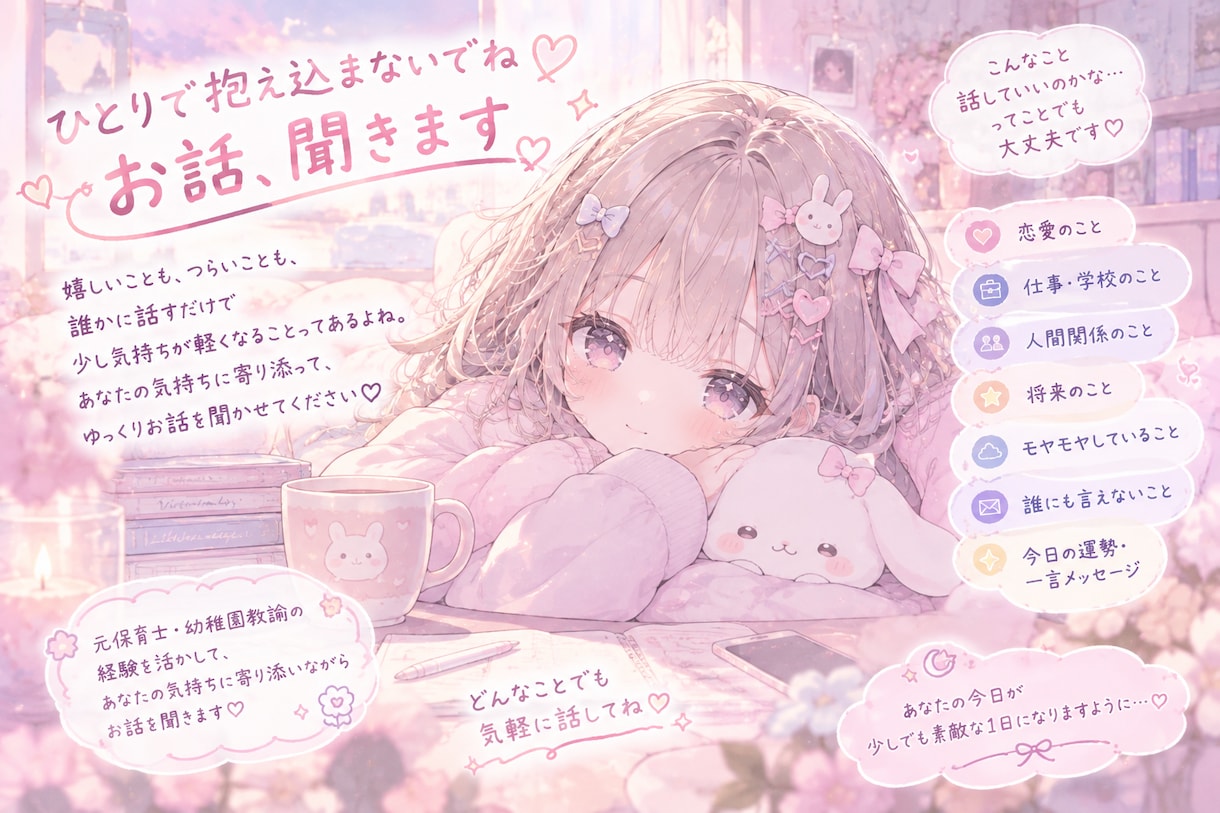 元保育士・幼稚園教諭があなたのお話を聞きます ちょっと誰かに聞いてほしいそんな気持ちに、そっと寄り添う。 イメージ1