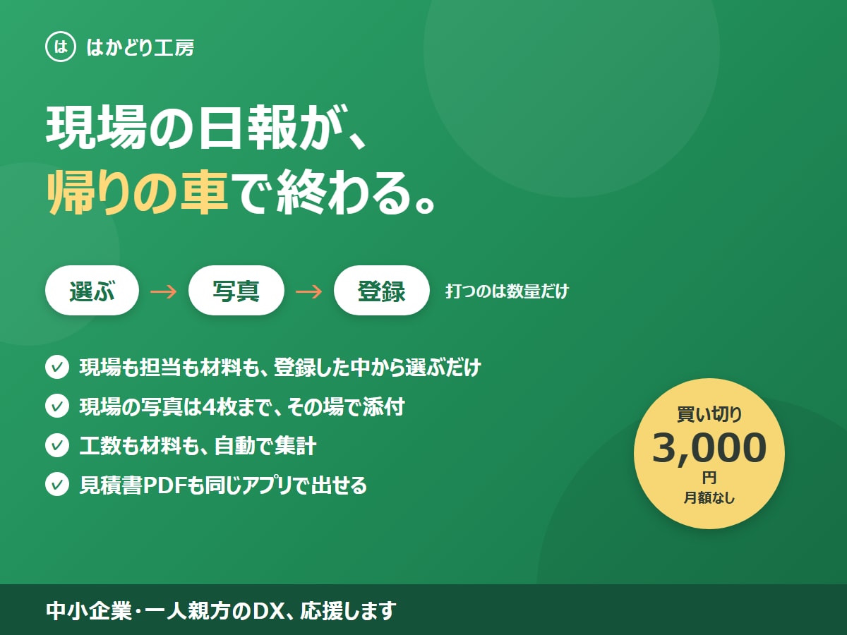 現場の日報が、帰りの車で終わります ほとんど選ぶだけ。写真も見積書も出せる買い切り版 イメージ1