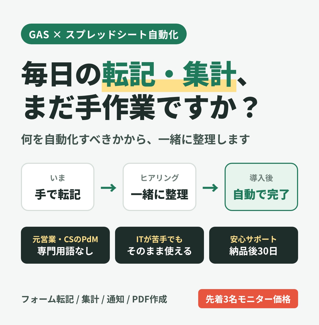 手作業の転記・集計をGASで自動化します 何を自動化すべきかから、ヒアリングで一緒に整理します イメージ1