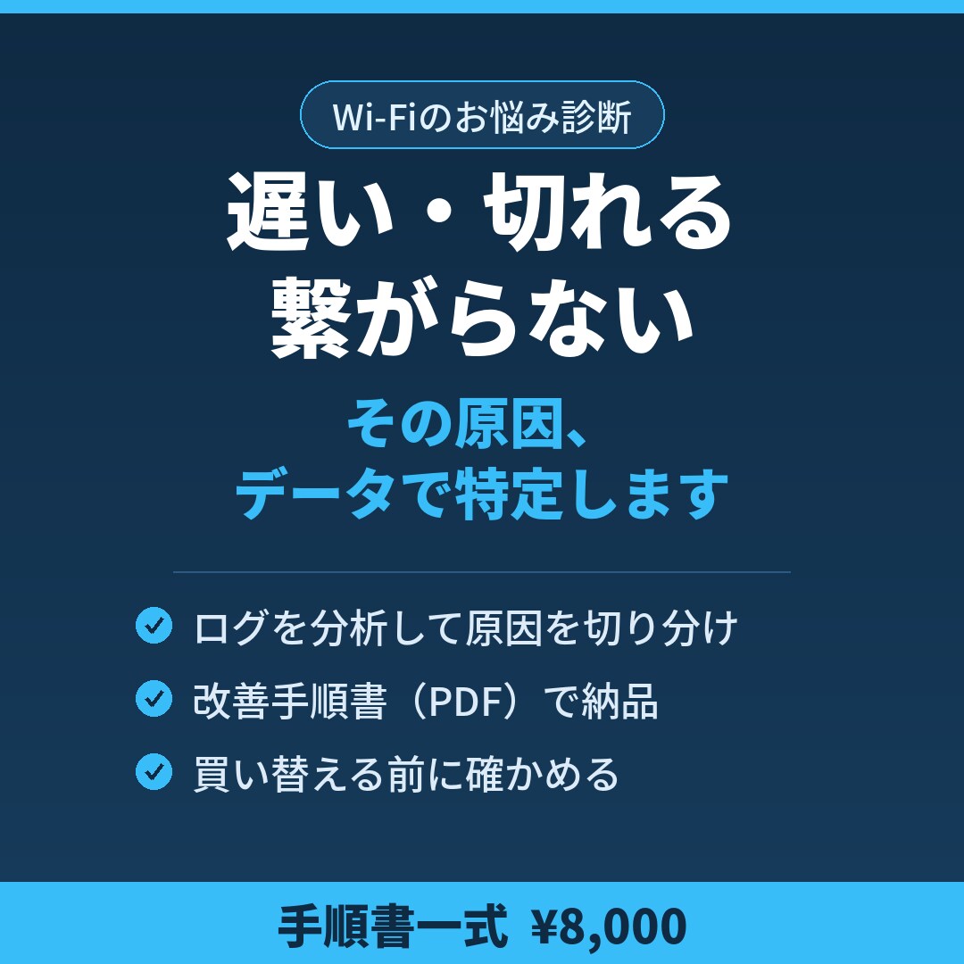 Wi-Fi不調、ログで原因特定し手順書で納品します 「遅い・切れる・繋がらない」を感覚ではなくデータで原因特定。 イメージ1