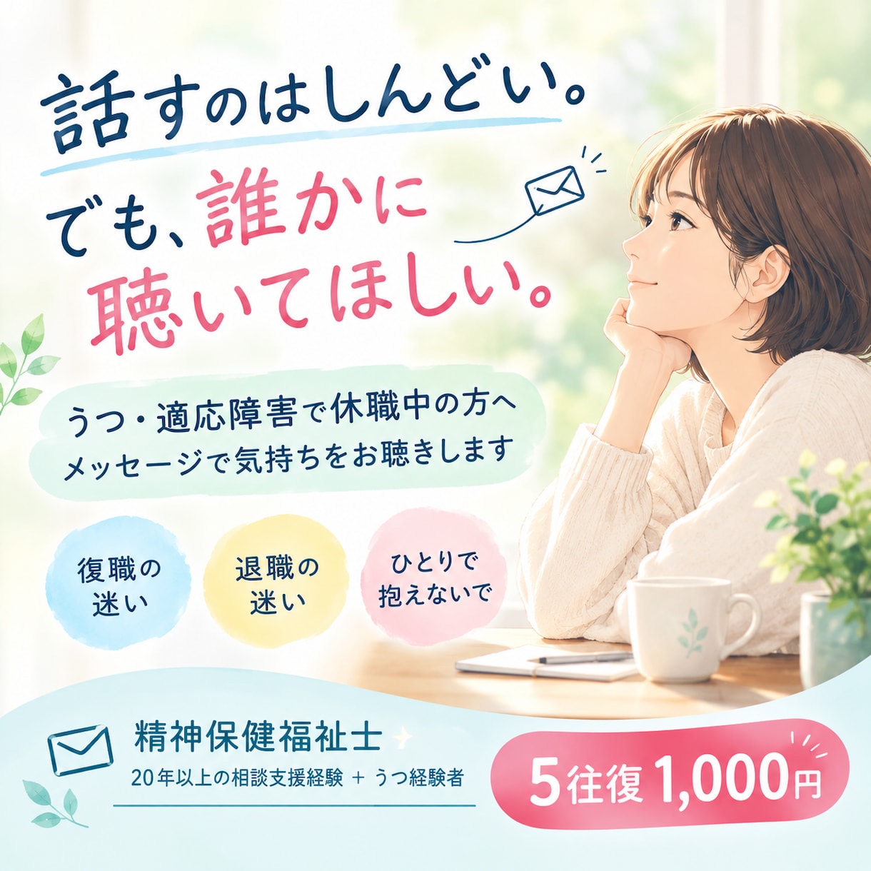 うつ・適応障害で休職中の方｜文字で気持ちを聴きます 精神保健福祉士20年。休職経験者だから分かる気持ちがあります イメージ1