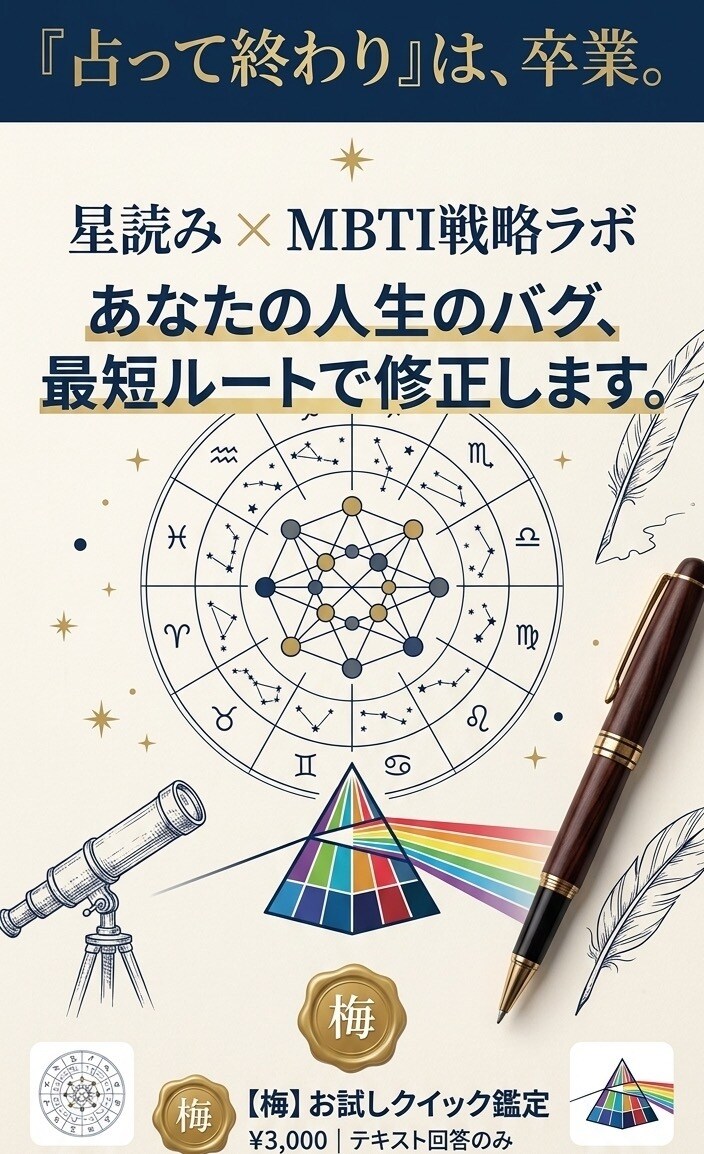 星読み×MBTIで悩みの「最短攻略法」を翻訳します 1つの悩みに集中回答。宿命を知り、性格に合う努力で解決へ。 イメージ1