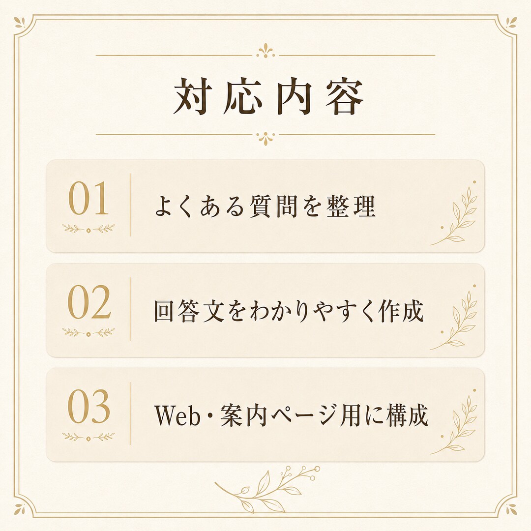 FAQ・よくある質問を10件作成します よくある質問と回答を分かりやすく整理します イメージ2