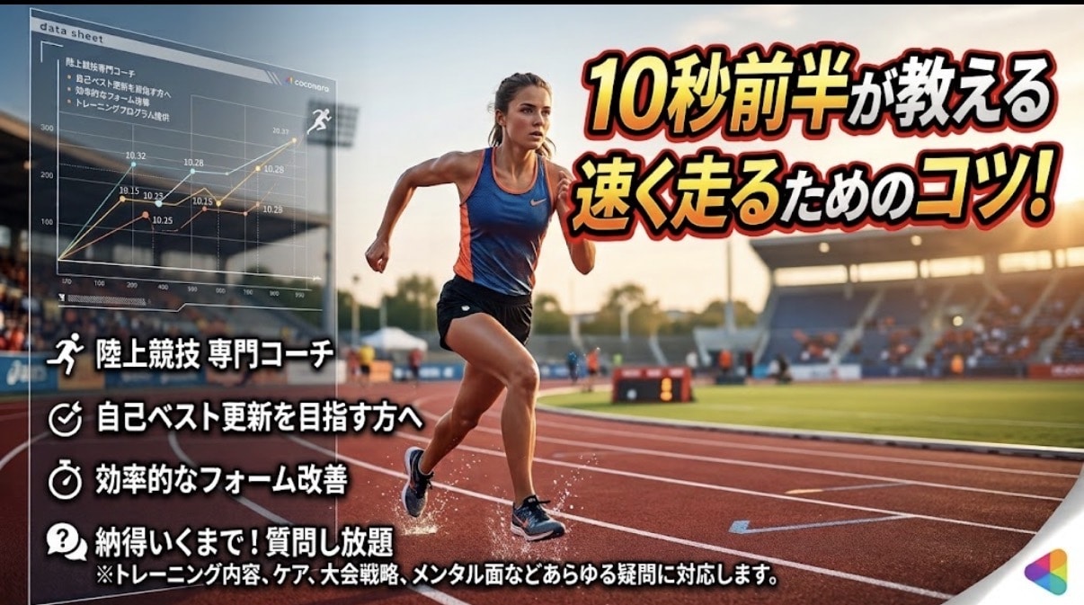 短距離選手向け 自己ベスト更新をサポートします 100m 10秒46が教える 走りを変える、具体的な動画添削 イメージ1