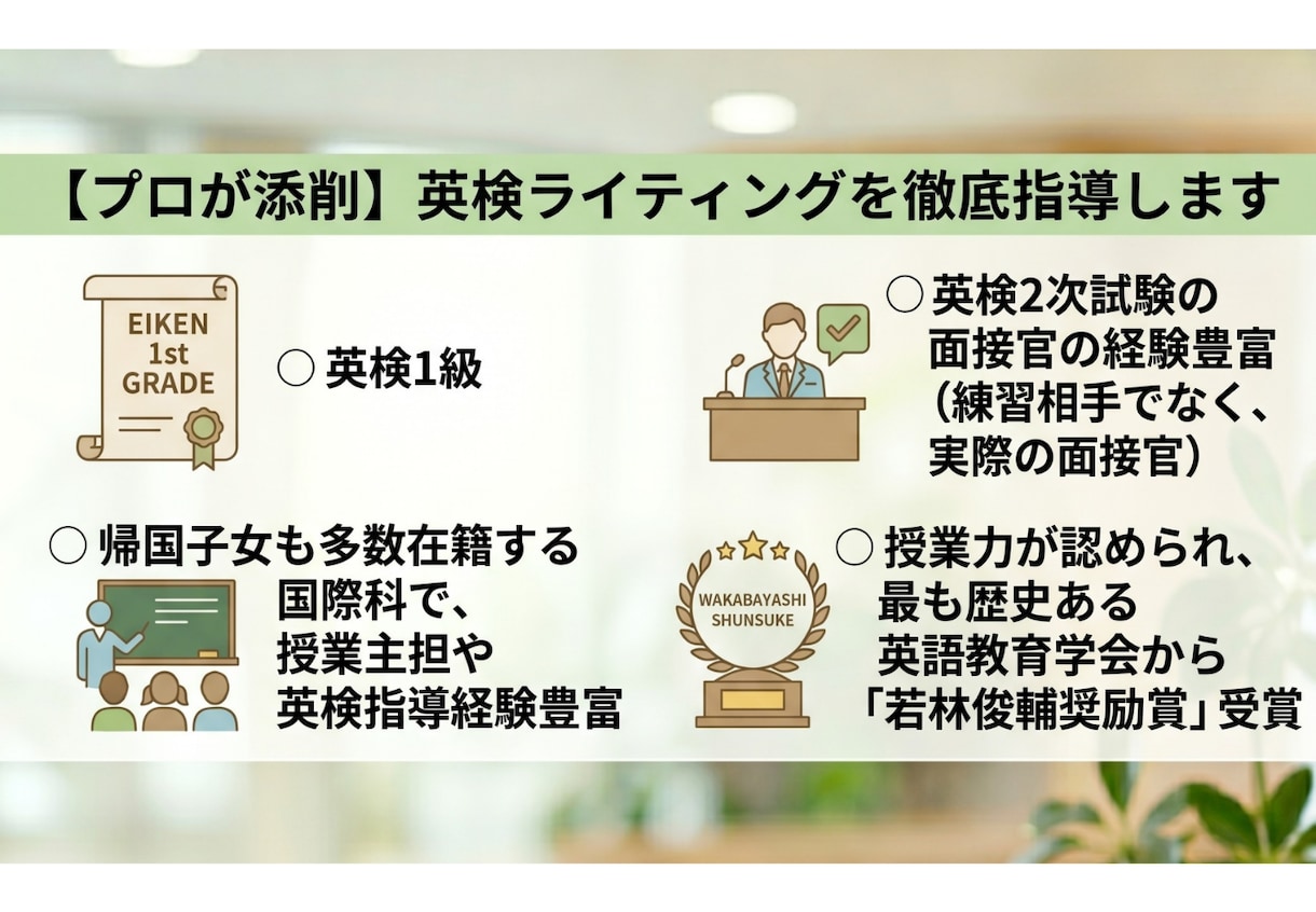 プロが添削！英検ライティングを徹底指導します ☆実績作り限定価格（先着10名）　☆実際の採点基準で点数化！ イメージ3