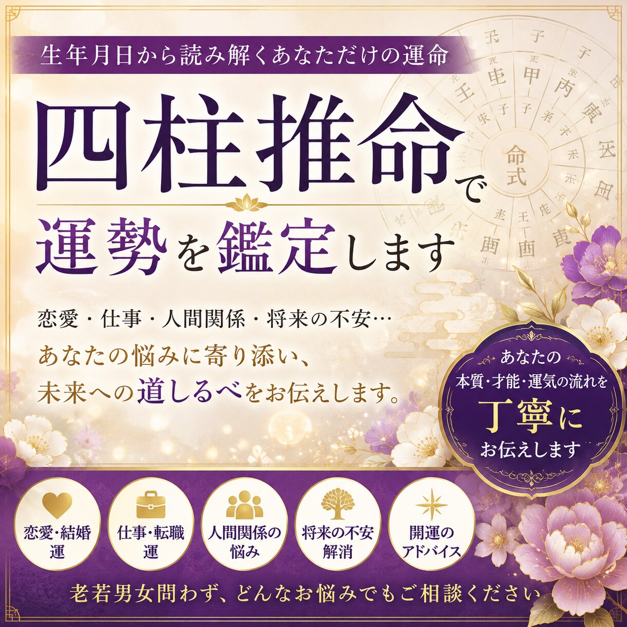 四柱推命であなたの運勢と人生の悩みを鑑定します 恋愛・仕事・人間関係・将来の不安…一人で悩まないで。 イメージ1