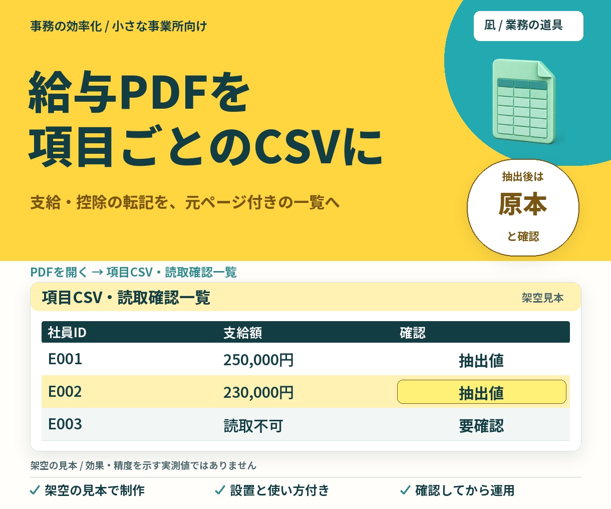 給与PDFから項目をCSVへ抽出します 支給・控除の転記を、元ページ付きの一覧へ イメージ1