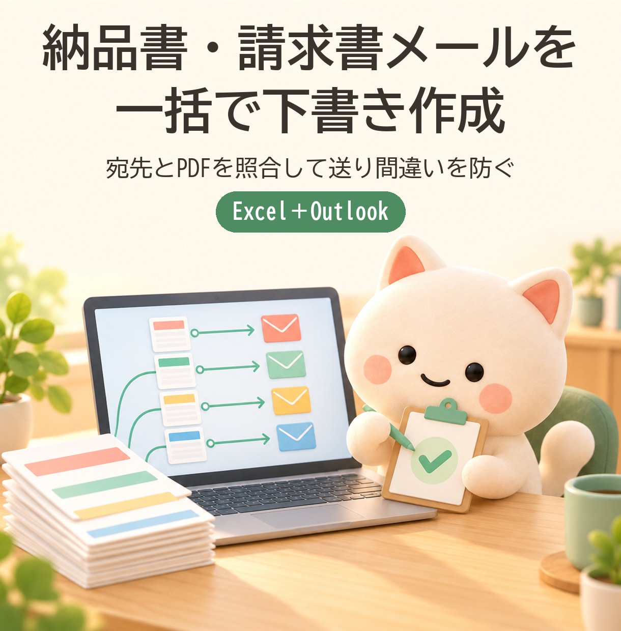 納品書・請求書メールを一括で下書き作成します 宛先とPDFの照合つき。送り間違いを防ぎます イメージ1