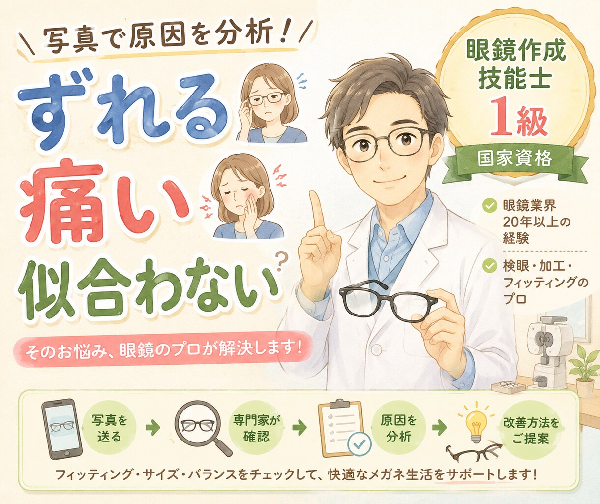 眼鏡作成技能士1級がメガネを写真診断します メガネがずれる、鼻が痛い、耳が痛い、見た目がしっくりこない… イメージ1