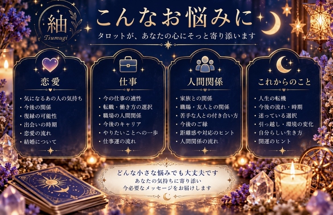 タロットで今のお悩みを丁寧に読み解きます 恋愛・仕事・人間関係など心を込めて鑑定します イメージ3