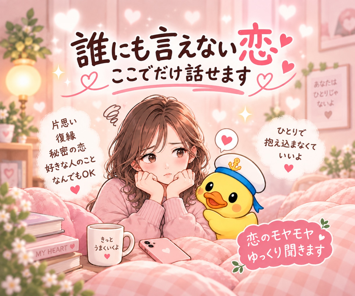誰にも言えない恋 ここでだけ話せます 片思い 復縁 秘密の恋 モヤモヤした気持ちをゆっくり聞きます イメージ1