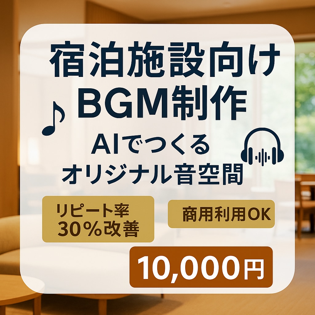 宿泊施設リピート率改善AI音楽を制作します リピート率30％増を実現する宿泊施設専用AI音楽 イメージ1
