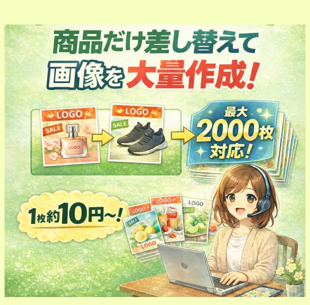 商品画像差し替え！画像を一括生成します ロゴ背景そのまま、商品だけ差し替え量産！ イメージ1