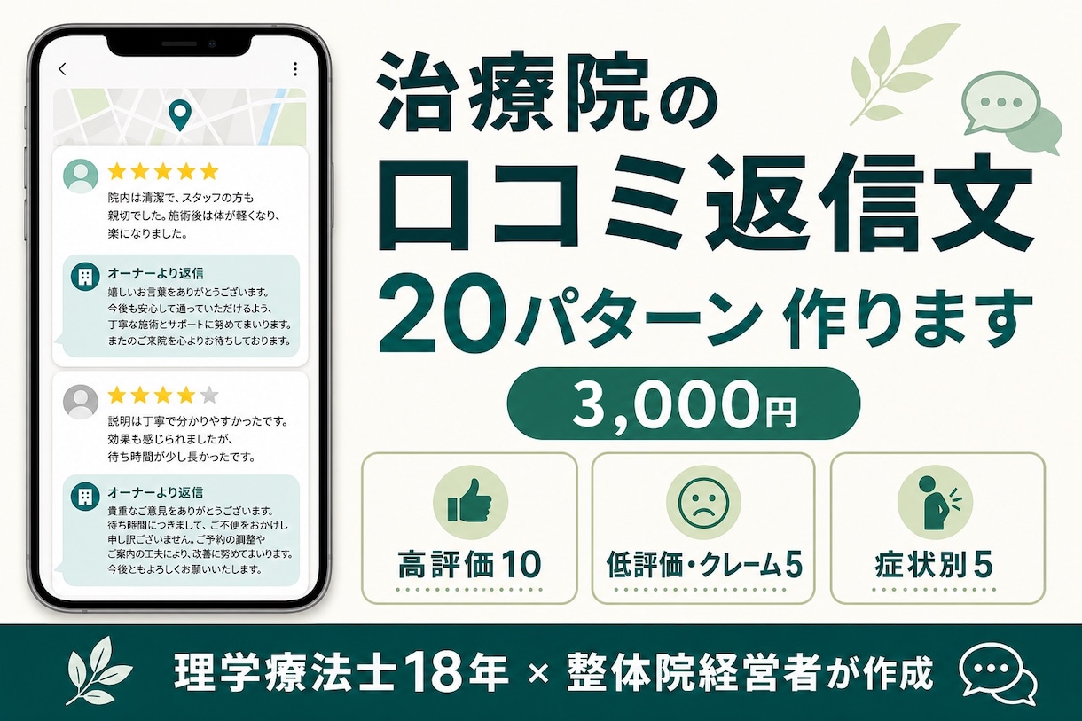 Google口コミ返信文テンプレを20個作ります Google口コミの低評価にも院の信頼を守る言葉で作成 イメージ1