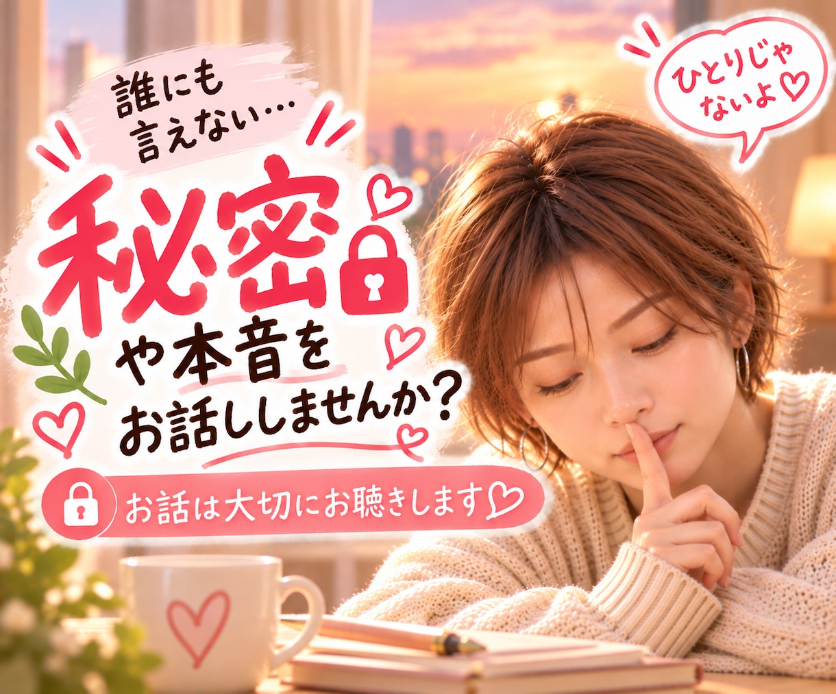 誰にも言えない秘密や本音をやさしくお聴きします 恋愛・家族・職場の秘密や本音♡否定せず優しく聴きます イメージ1