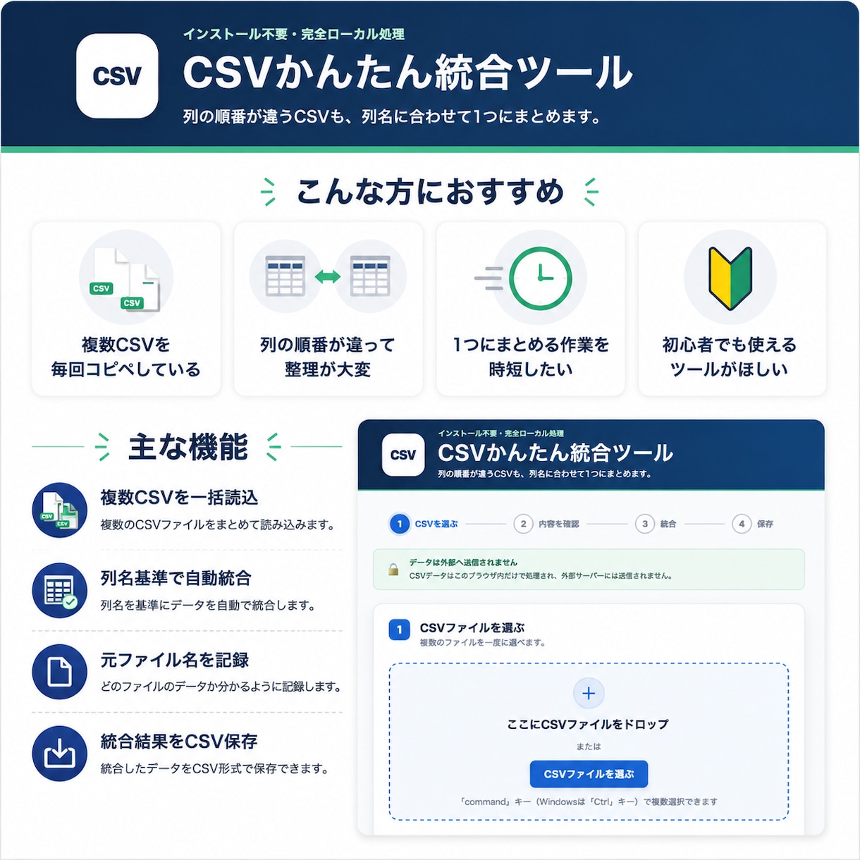 複数CSVをかんたんに1つへ統合します 複数CSVをかんたんに1つへ統合します イメージ1