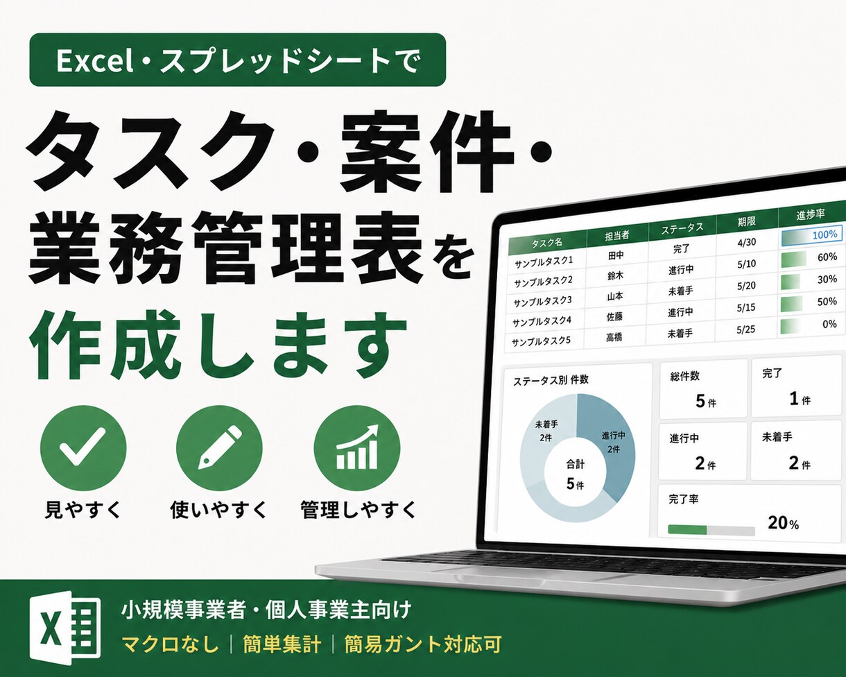 タスク・案件・業務管理表を作成します Excel・スプレッドシートで見やすく使いやすく整えます イメージ1