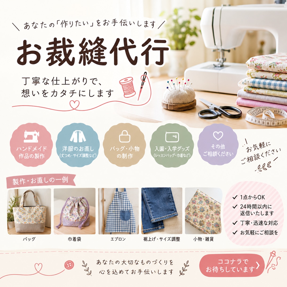 巾着袋・バッグなど、ご希望の布小物をお作りします ご希望に合わせて、心を込めて丁寧にお作りします。 イメージ1