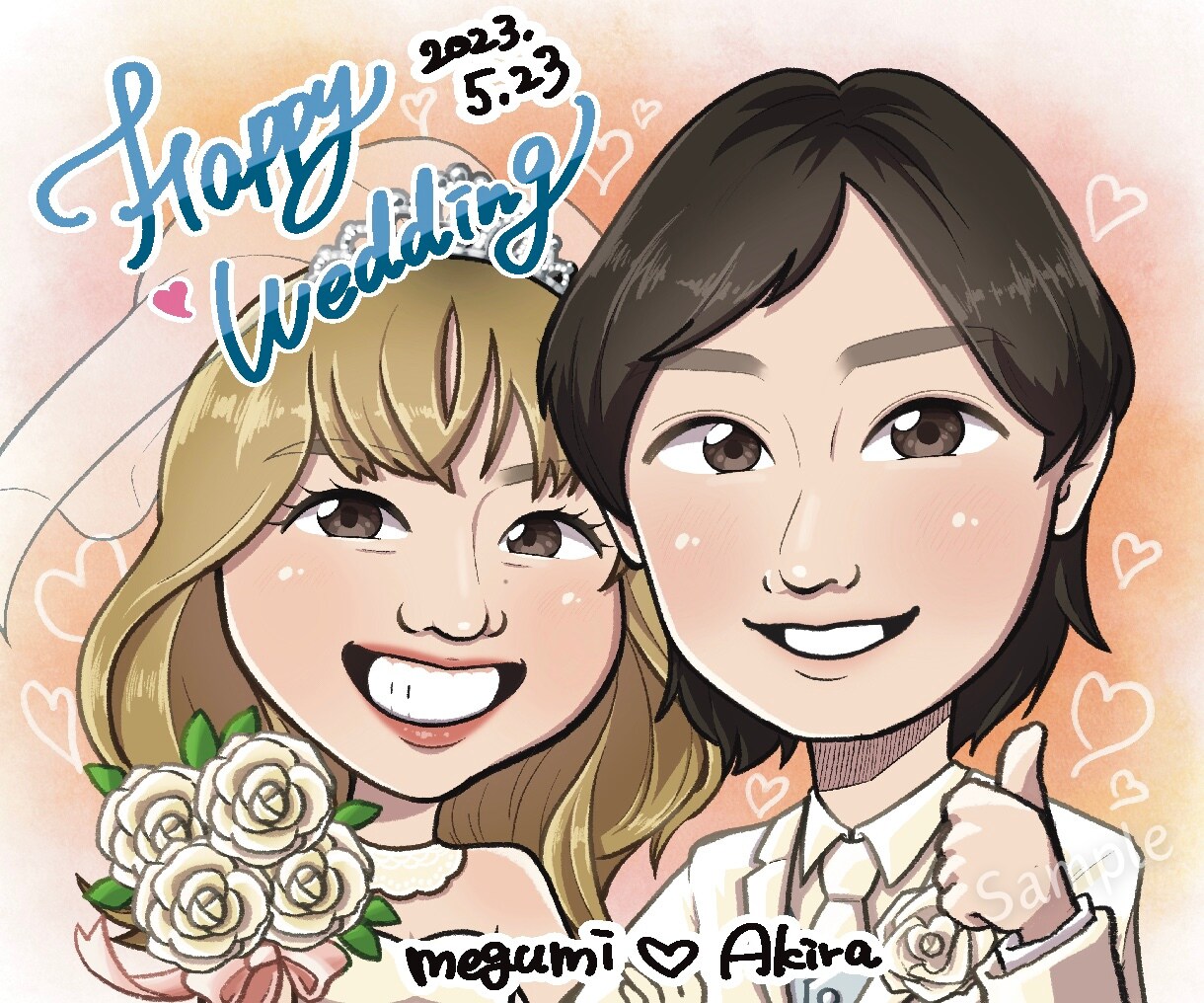 プレゼントに！2名様〜ポップな似顔絵お描きします 結婚式、誕生日、還暦、古希、喜寿、米寿、記念日のお祝いに♪ イメージ1