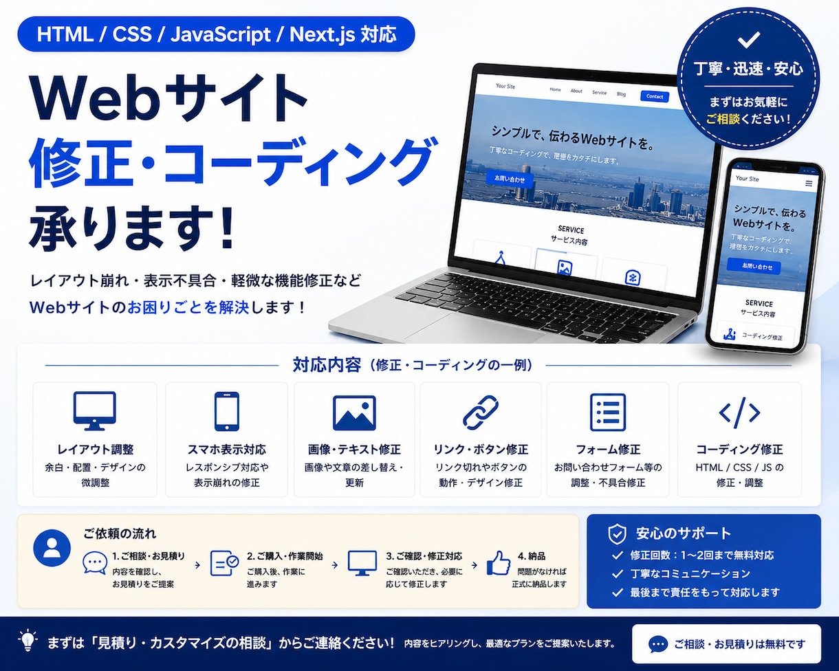 webサイトの改修、機能追加を承ります HTML・CSS・Next.jsのWebサイト修正を承ります イメージ1