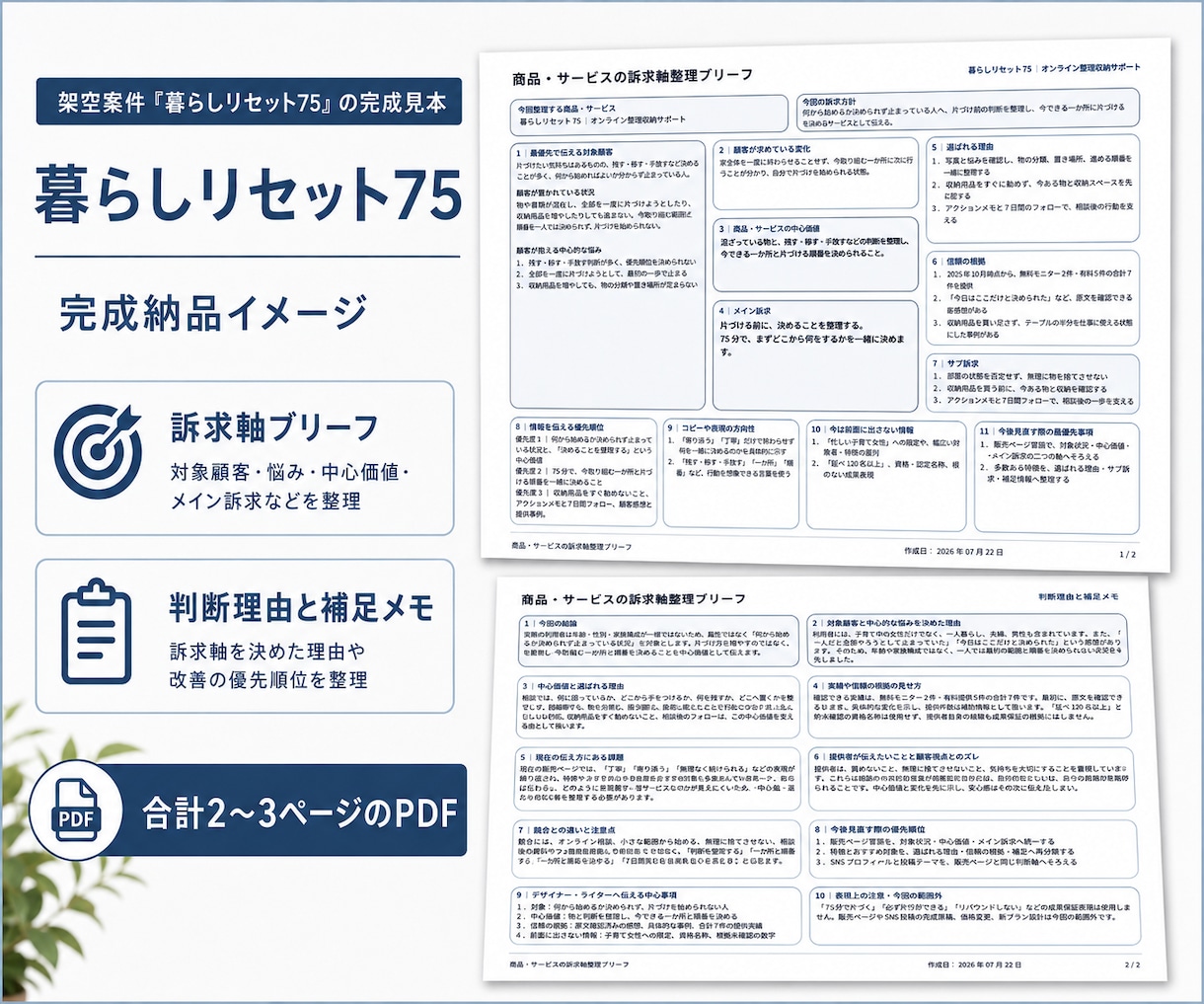 商品・サービスの強みと訴求軸を整理します 強み・対象顧客・伝える順番を1枚にまとめます イメージ2
