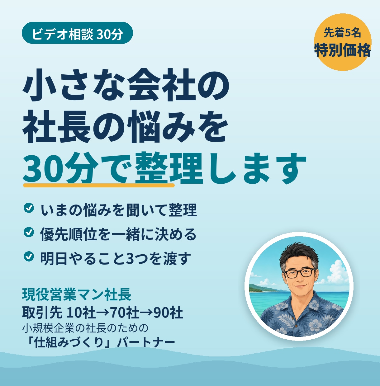 小さな会社の社長の悩みを30分で一緒に整理します 何から手をつければいいか、30分で見えるようにします イメージ1