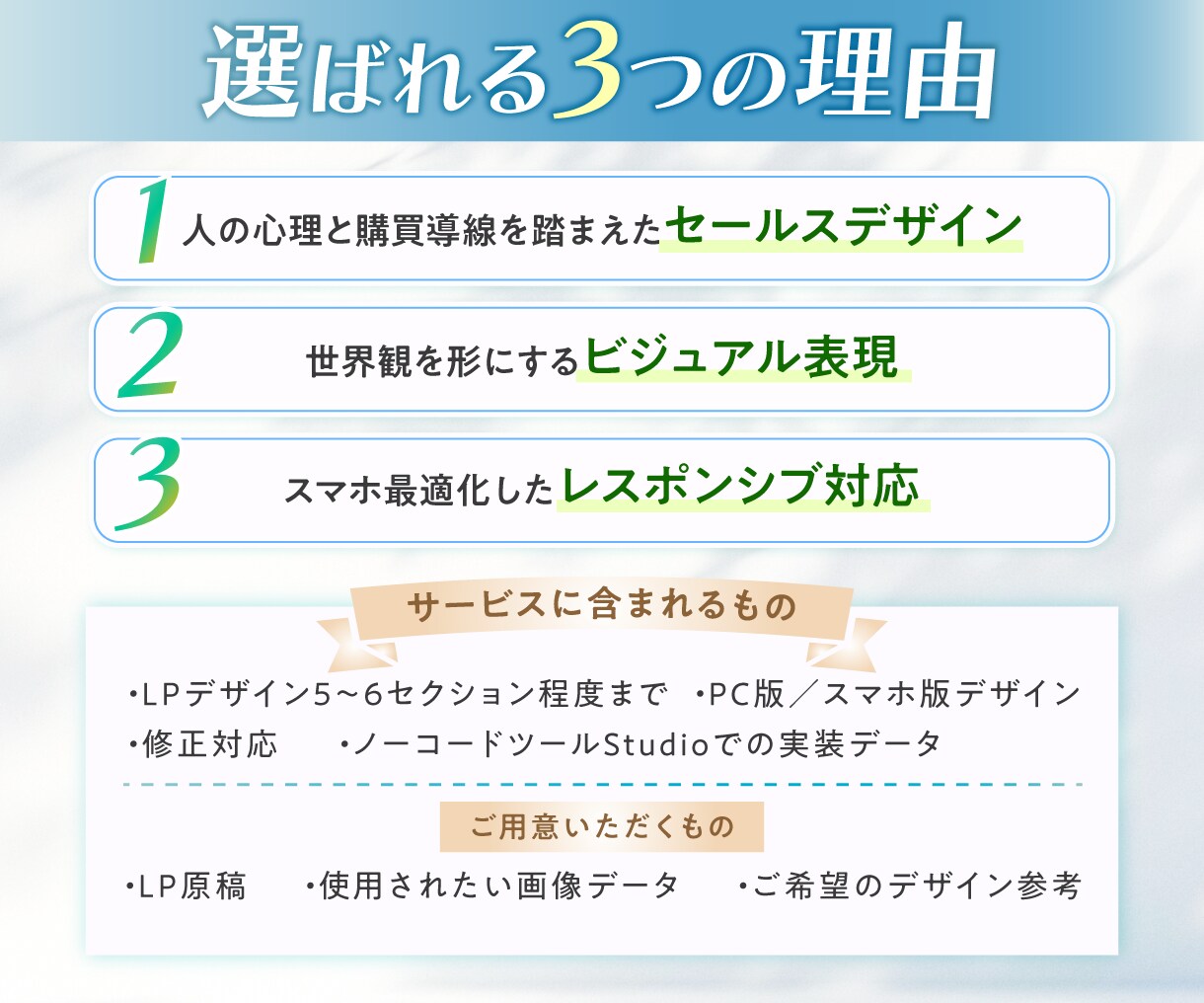 世界観×セールス設計で伝わるLPをデザインします 文章と素材を送るだけ！公開できるLPをまるっと制作します イメージ9