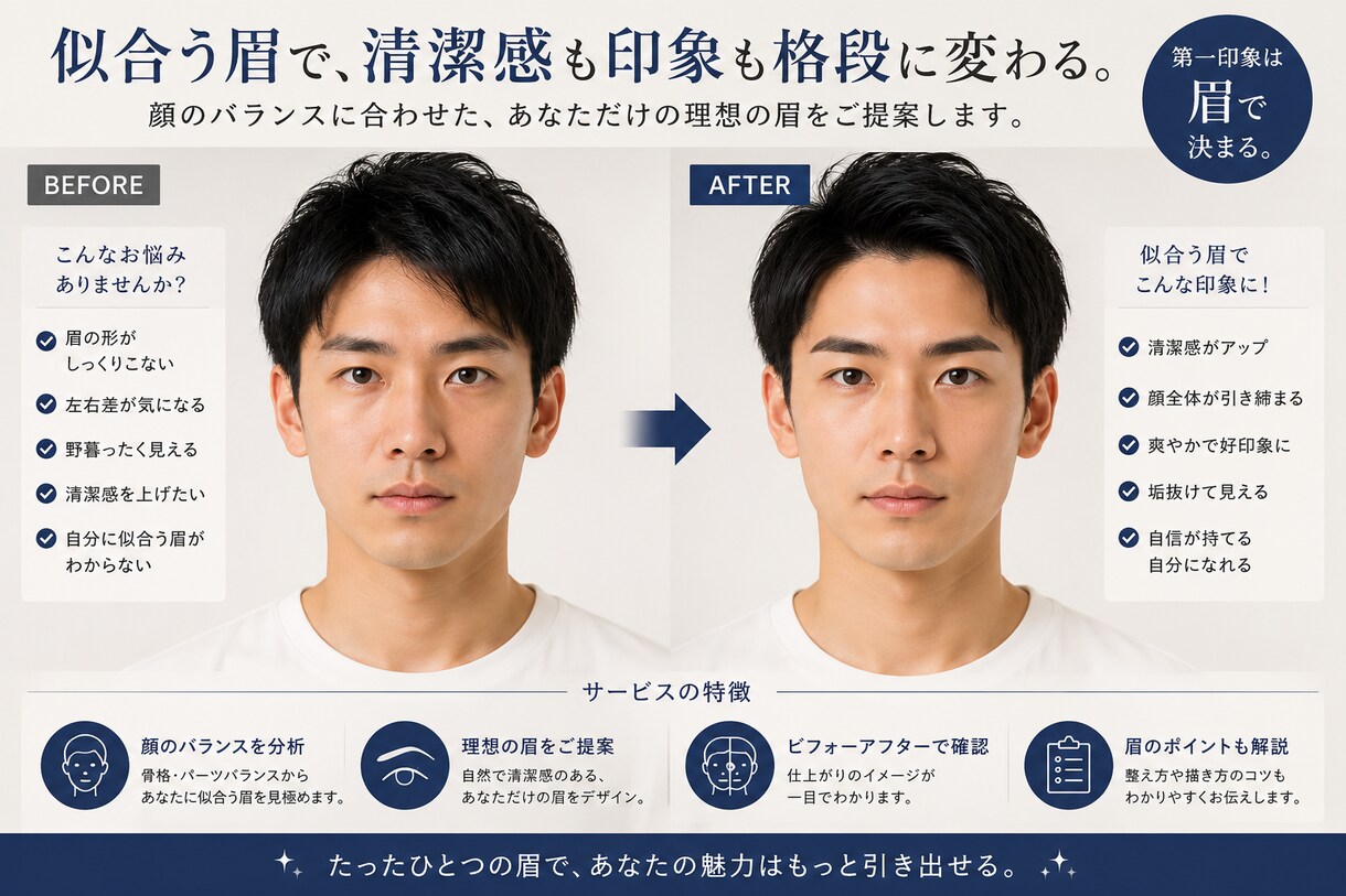 顔の骨格やパーツバランスから似合う眉毛を提案します 正面の写真からあなたに合う眉毛をビフォーアフター画像でご提案 イメージ1