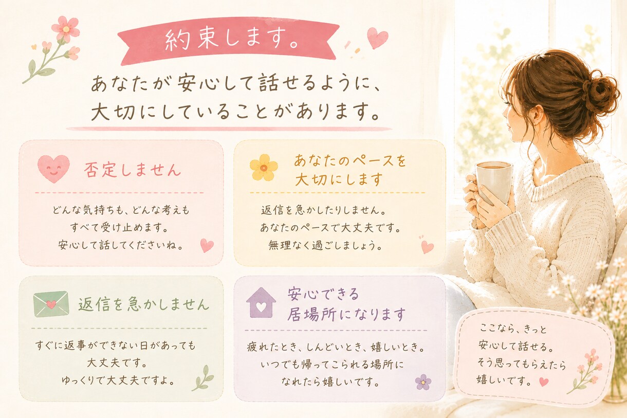 ひとりで頑張らない3日間❀チャットで寄り添います 愚痴も弱音も、まとまらない気持ちも。そのまま送ってください イメージ4