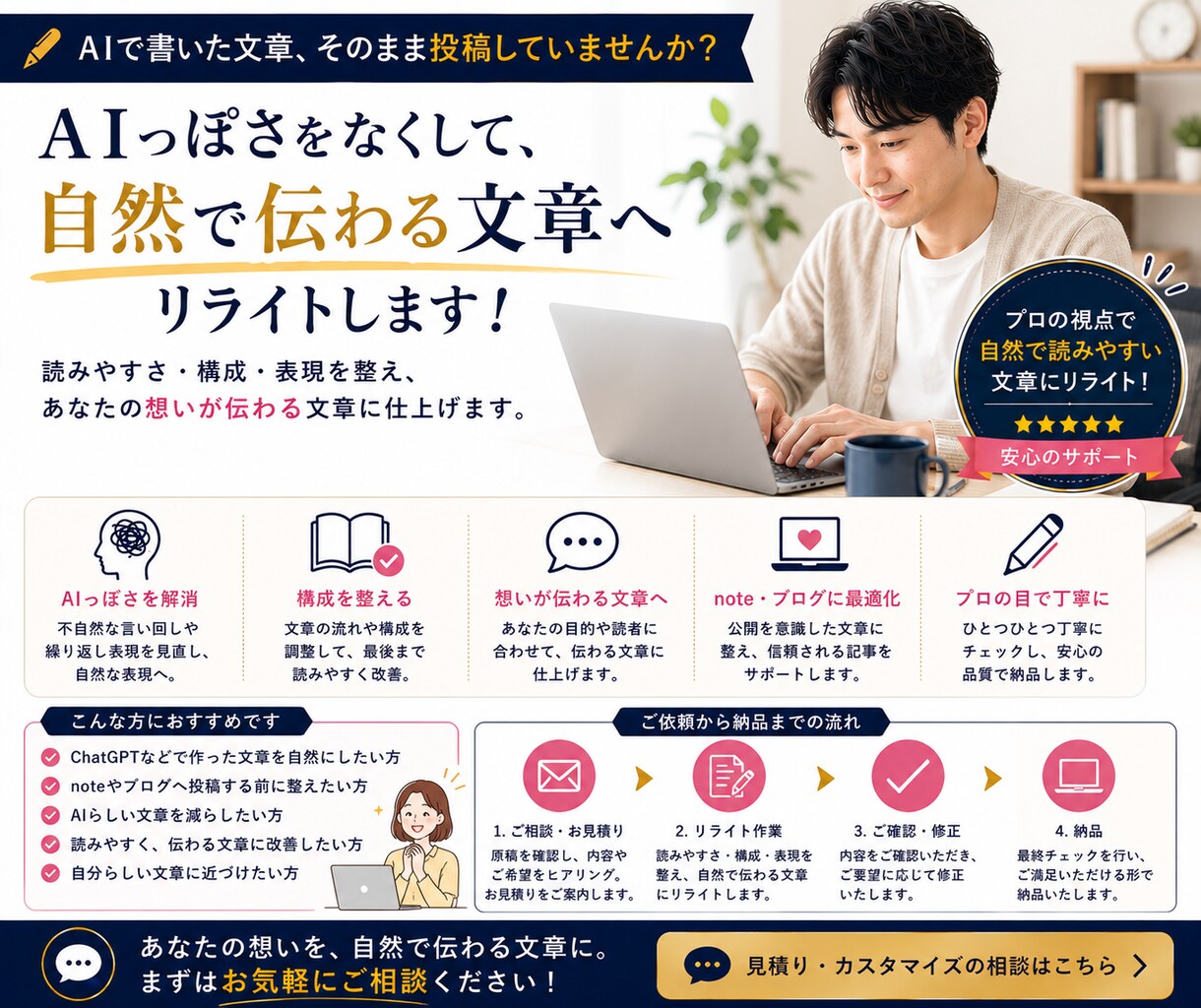 AI・note記事を自然にリライトします AIっぽさをなくし、読まれる自然な文章へ整えます イメージ8