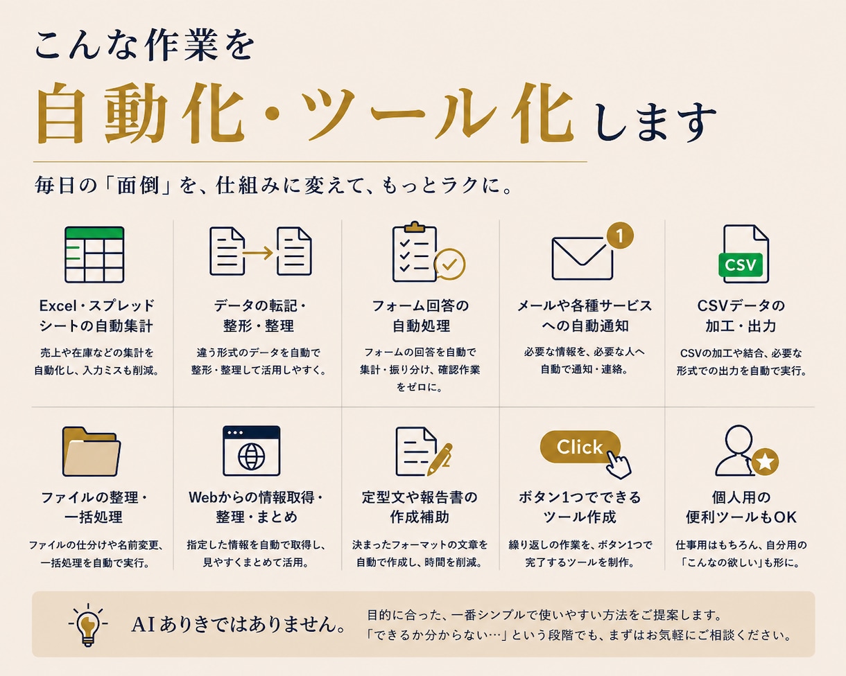 面倒な作業を自動化・ツール化します 「これだけ楽にしたい」を、形にします イメージ2