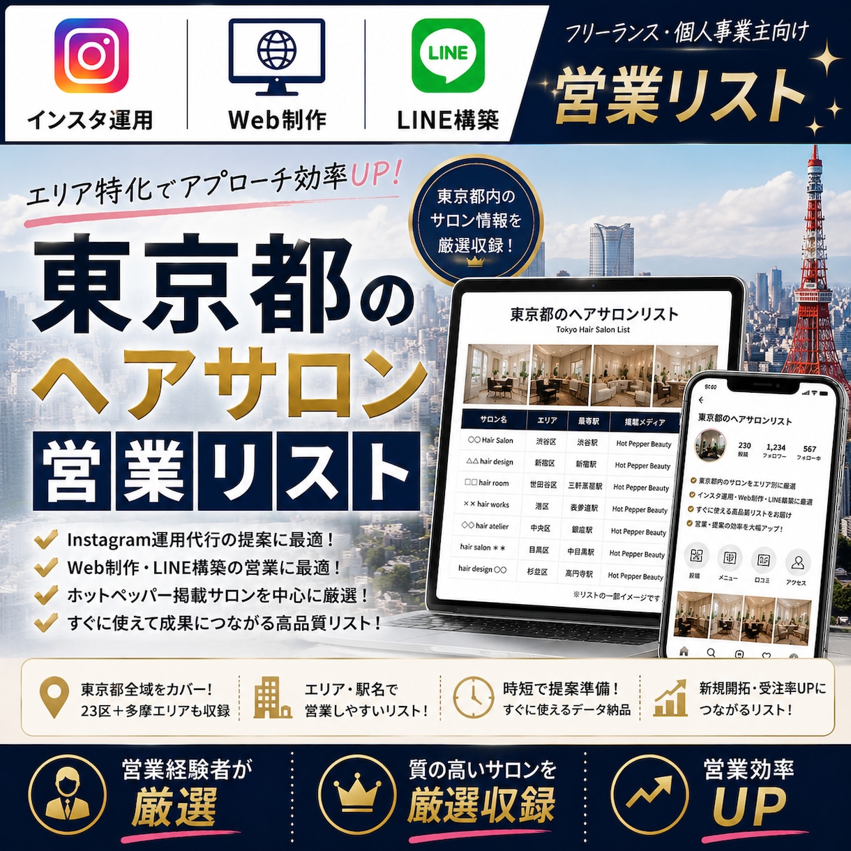 営業しやすい東京都のヘアサロンリストを売ります インスタ運用・Web制作・LINE構築向け厳選リスト① イメージ1