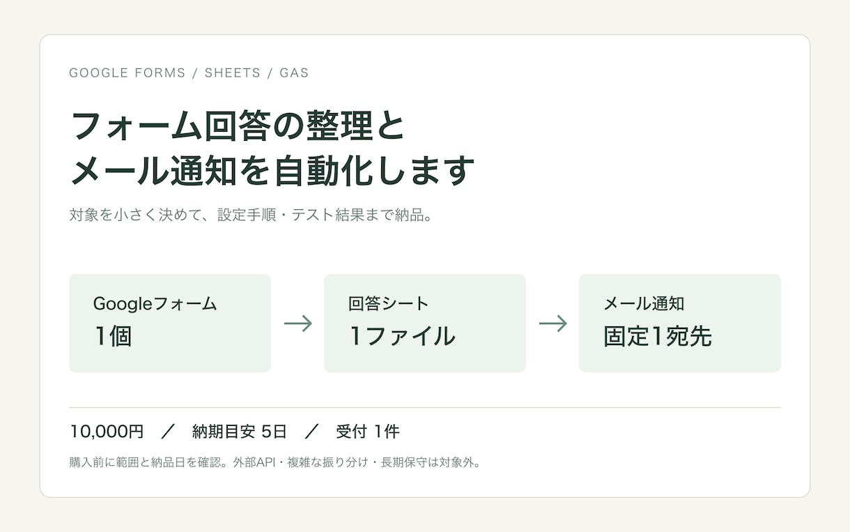 フォーム回答の整理とメール通知を自動化します フォーム1個・通知先1宛先から、小さく始める自動化 イメージ1