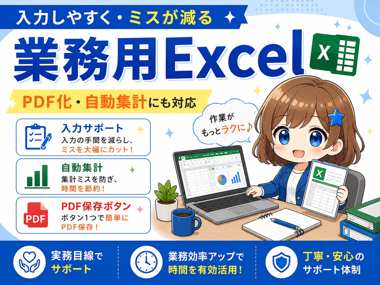 入力しやすく・ミスが減る業務用Excelを作ります 「毎回同じ作業」Excelで効率化・ミス削減します イメージ1