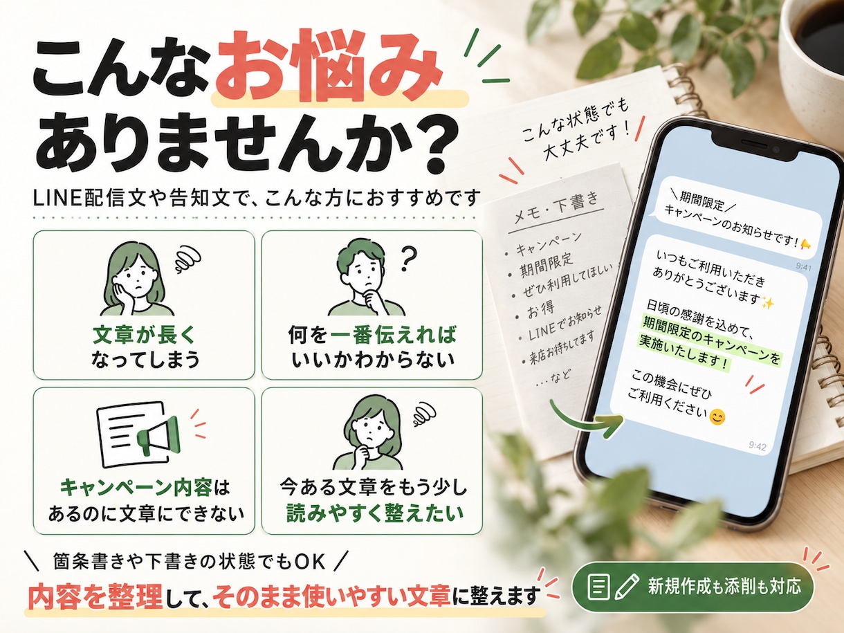 LINE配信・キャンペーン告知文を作成しますます 販促実務経験を活かし、読みやすい文章に整えます イメージ2