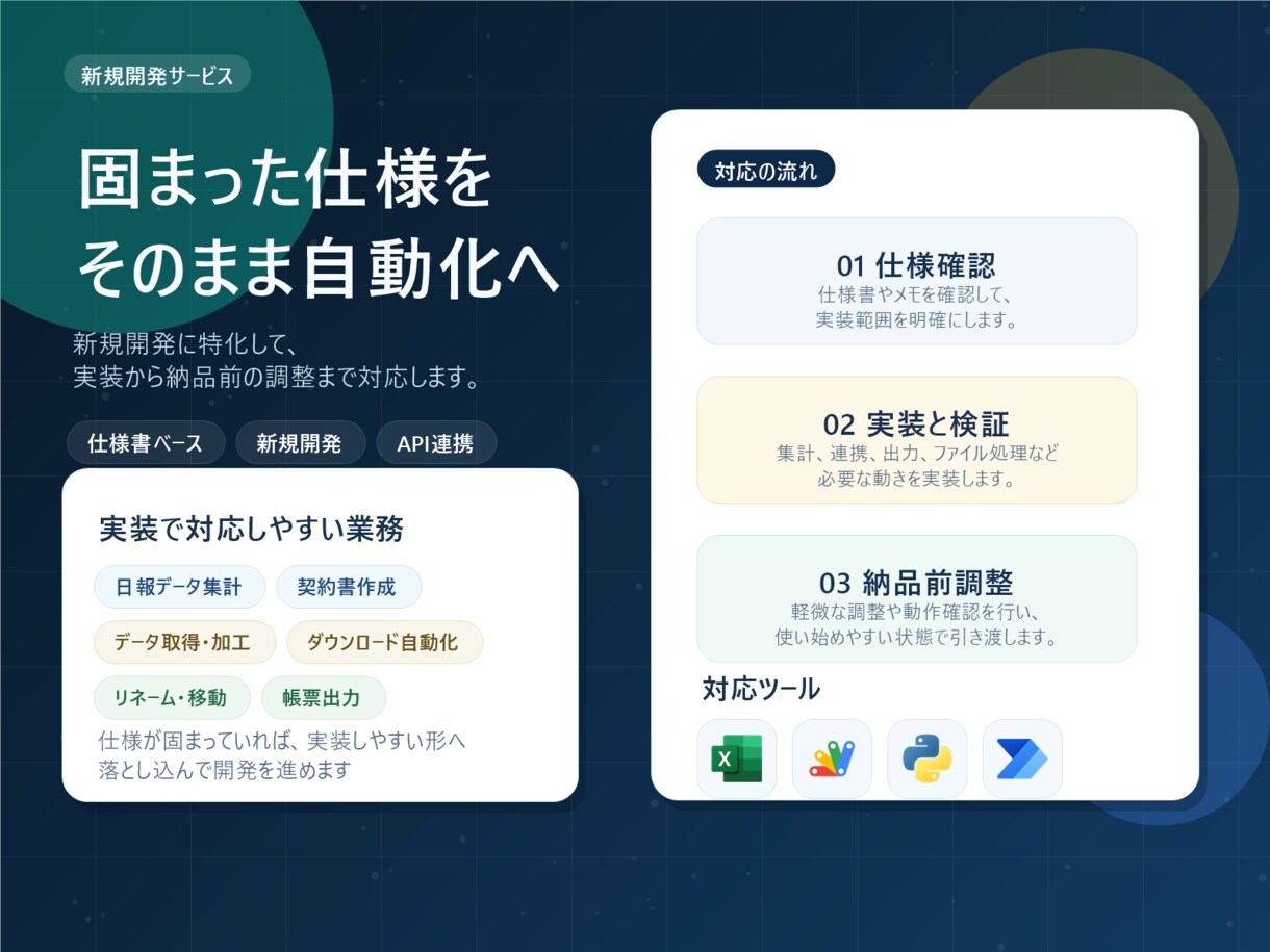 業務自動化ツールを新規開発します 要件確定後の実装に絞って対応します イメージ1